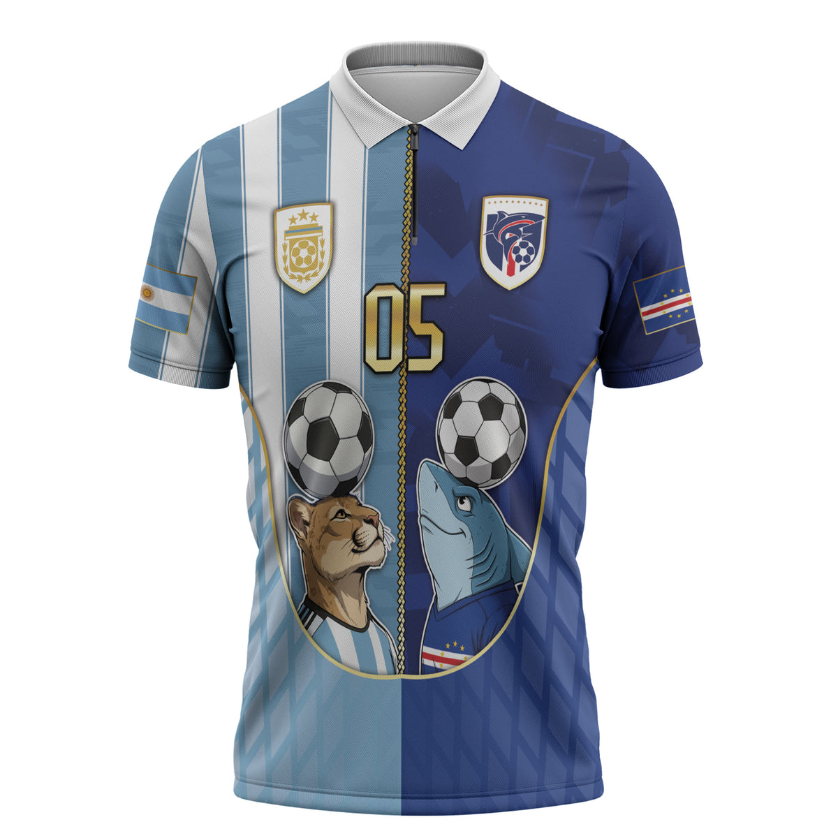 Custom Argentine And Cape Verde Football Zipper Polo Shirt Split Flag Puma Shark Soccer