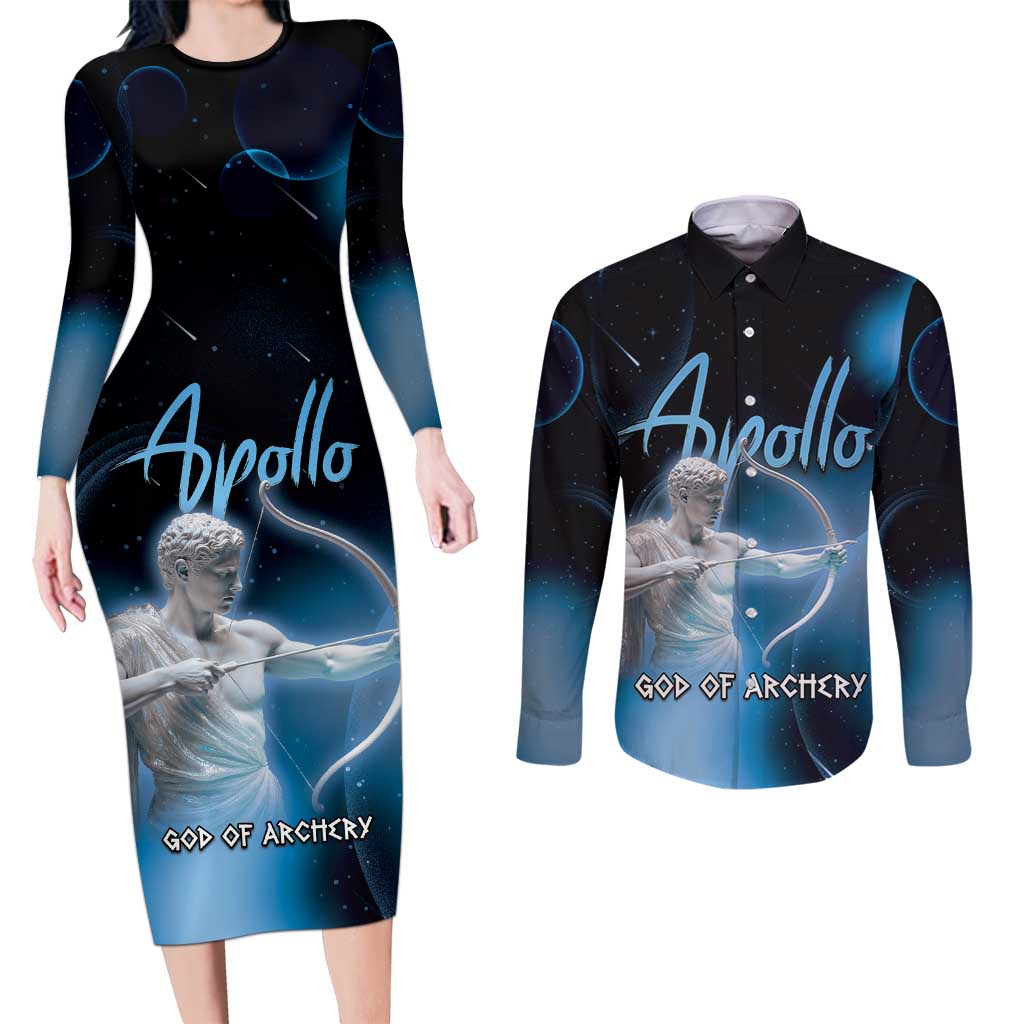 Ancient Greek Apollo Couples Matching Long Sleeve Bodycon Dress and Long Sleeve Button Shirt God Of Archery - Wonder Print Shop