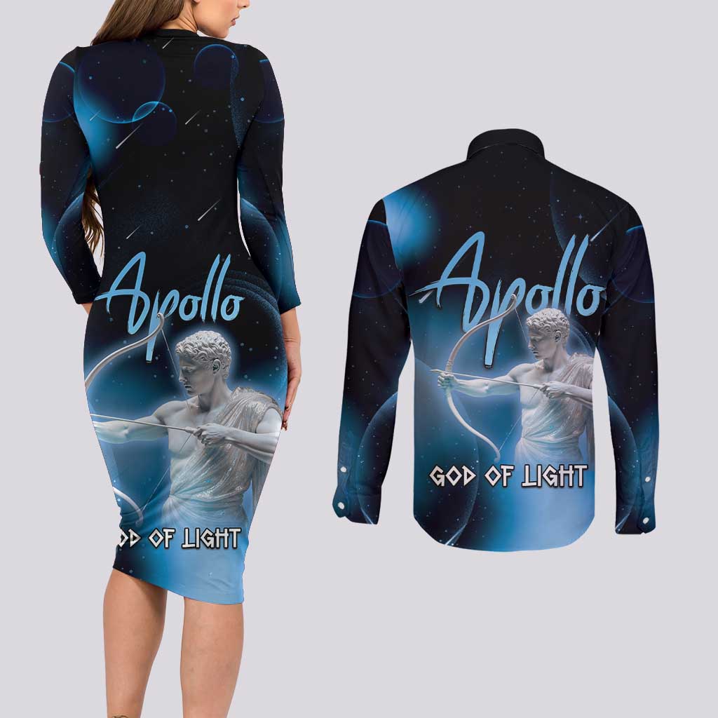 Ancient Greek Apollo Couples Matching Long Sleeve Bodycon Dress and Long Sleeve Button Shirt God Of Archery - Wonder Print Shop