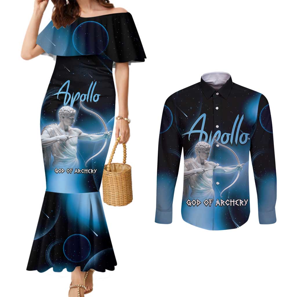 Ancient Greek Apollo Couples Matching Mermaid Dress and Long Sleeve Button Shirt God Of Archery - Wonder Print Shop