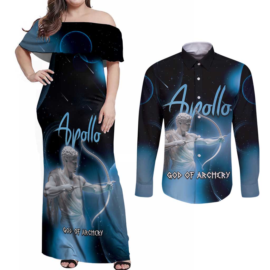 Ancient Greek Apollo Couples Matching Off Shoulder Maxi Dress and Long Sleeve Button Shirt God Of Archery - Wonder Print Shop