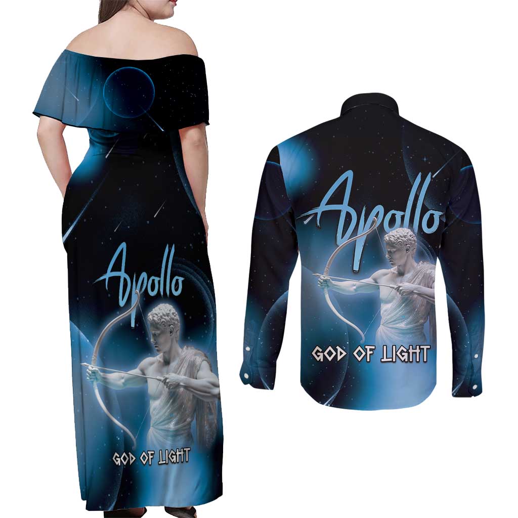Ancient Greek Apollo Couples Matching Off Shoulder Maxi Dress and Long Sleeve Button Shirt God Of Archery - Wonder Print Shop