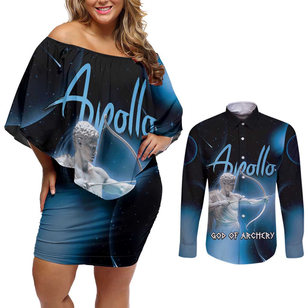 Ancient Greek Apollo Couples Matching Off Shoulder Short Dress and Long Sleeve Button Shirt God Of Archery - Wonder Print Shop