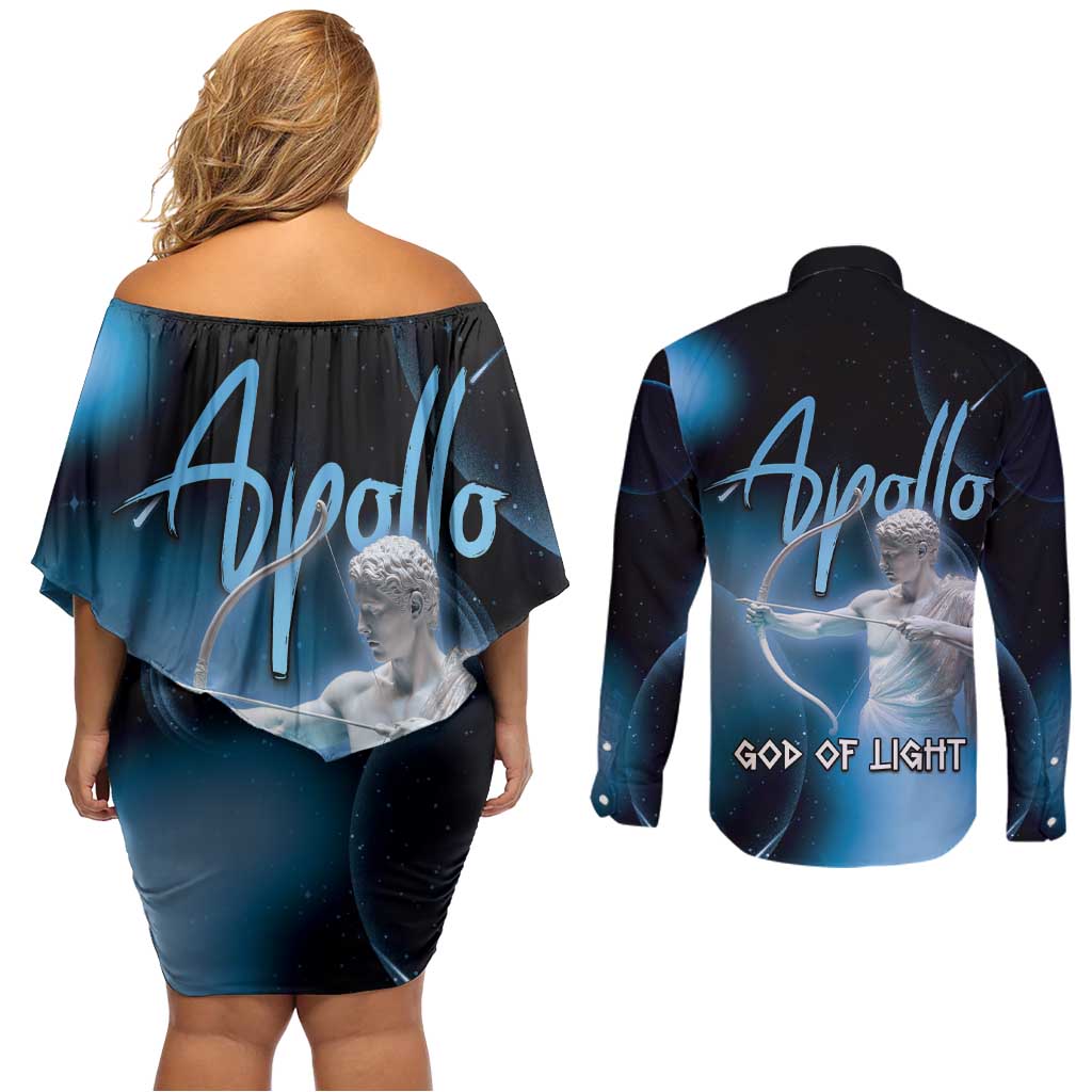 Ancient Greek Apollo Couples Matching Off Shoulder Short Dress and Long Sleeve Button Shirt God Of Archery - Wonder Print Shop