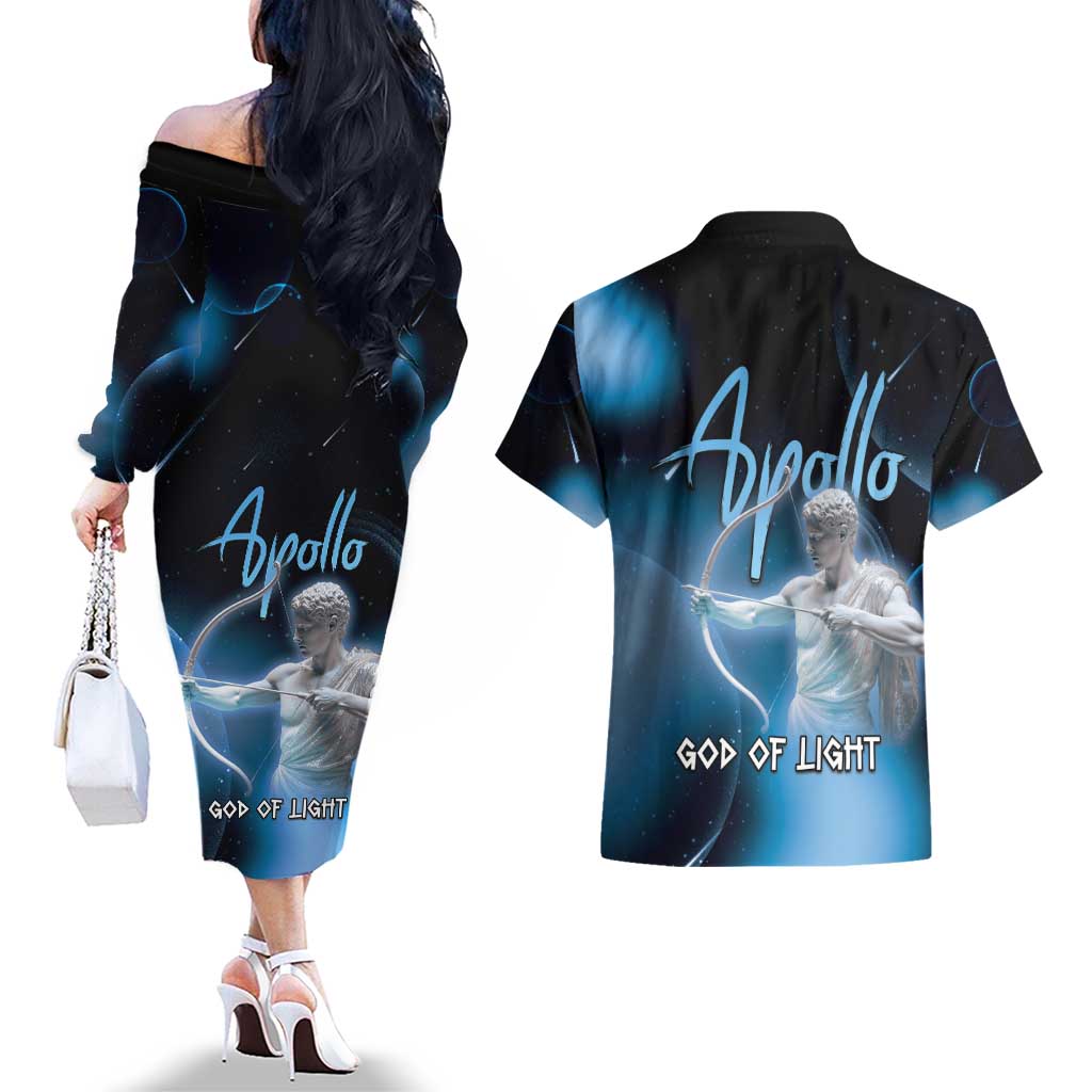 Ancient Greek Apollo Couples Matching Off The Shoulder Long Sleeve Dress and Hawaiian Shirt God Of Archery - Wonder Print Shop