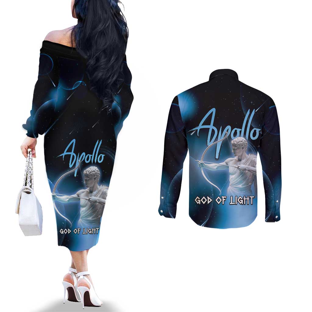 Ancient Greek Apollo Couples Matching Off The Shoulder Long Sleeve Dress and Long Sleeve Button Shirt God Of Archery - Wonder Print Shop