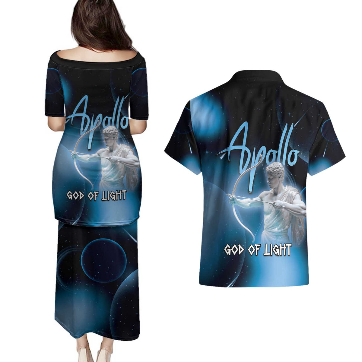 Ancient Greek Apollo Couples Matching Puletasi and Hawaiian Shirt God Of Archery - Wonder Print Shop