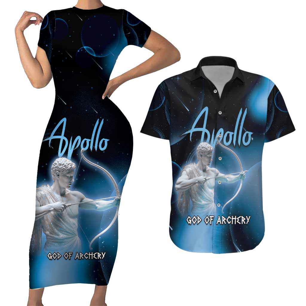 Ancient Greek Apollo Couples Matching Short Sleeve Bodycon Dress and Hawaiian Shirt God Of Archery - Wonder Print Shop