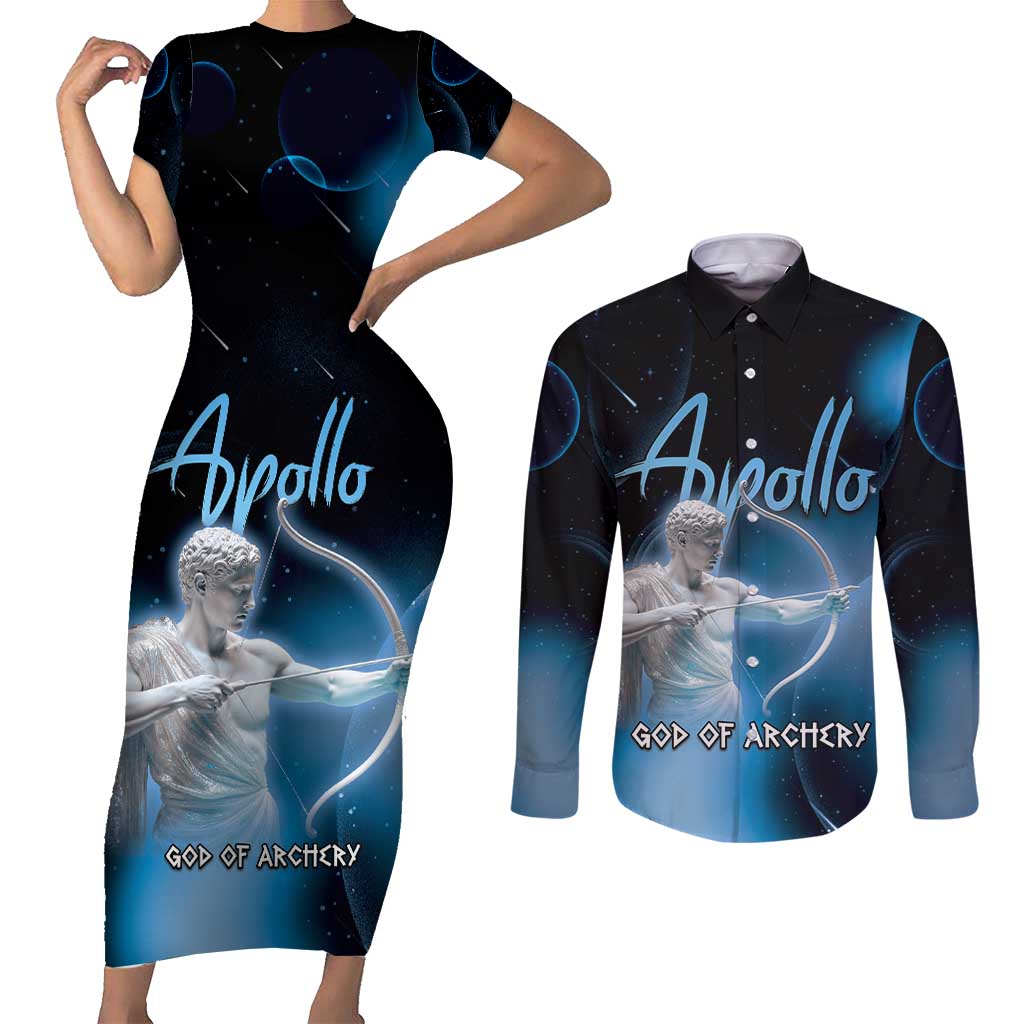 Ancient Greek Apollo Couples Matching Short Sleeve Bodycon Dress and Long Sleeve Button Shirt God Of Archery - Wonder Print Shop