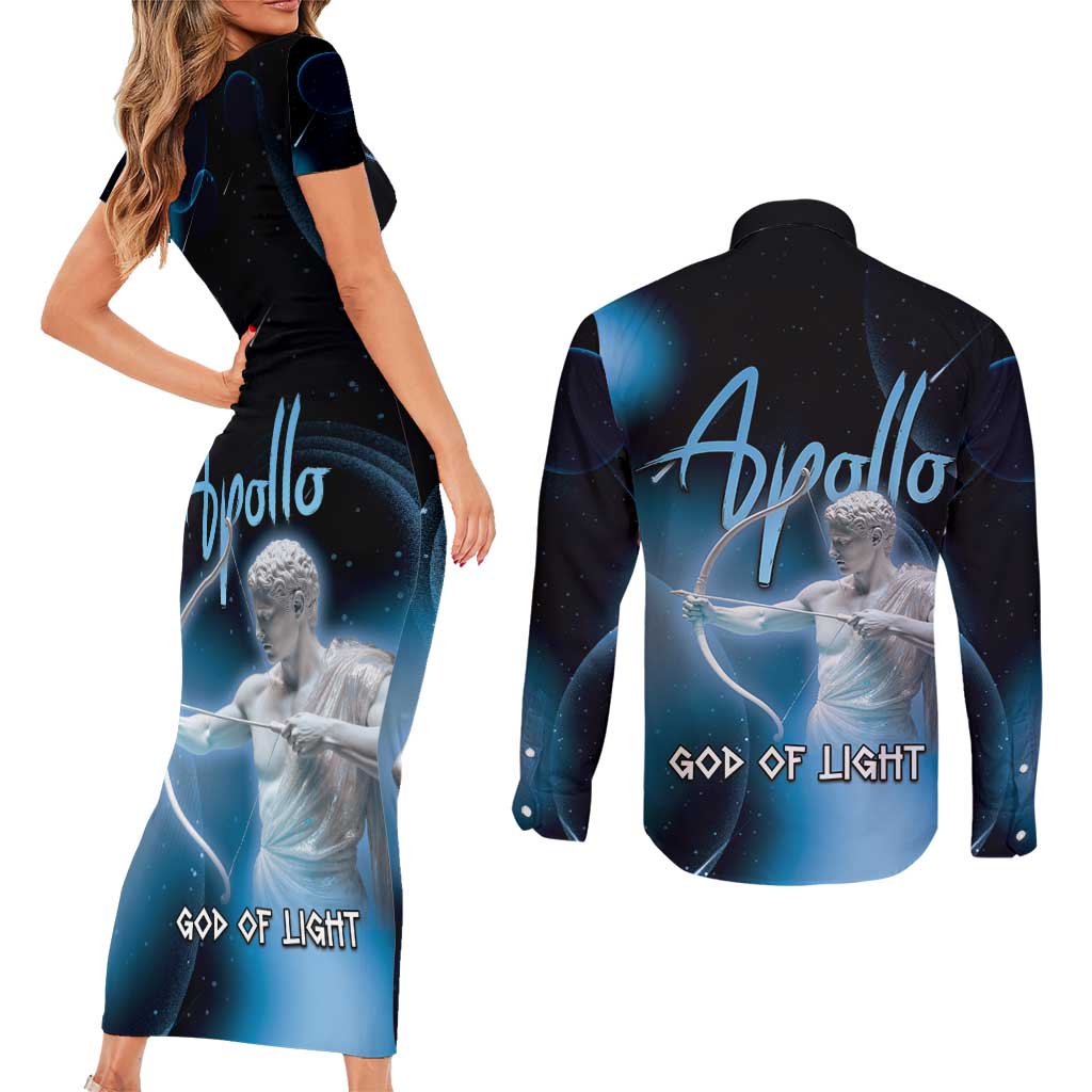 Ancient Greek Apollo Couples Matching Short Sleeve Bodycon Dress and Long Sleeve Button Shirt God Of Archery - Wonder Print Shop