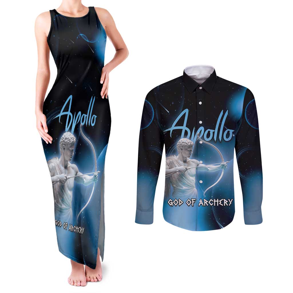 Ancient Greek Apollo Couples Matching Tank Maxi Dress and Long Sleeve Button Shirt God Of Archery - Wonder Print Shop