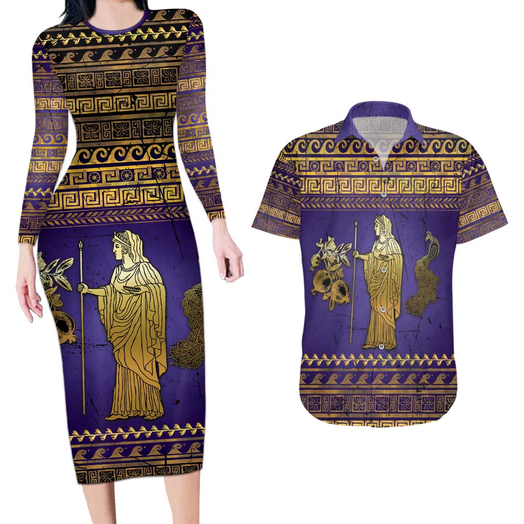 Hera Couples Matching Long Sleeve Bodycon Dress and Hawaiian Shirt Goddess With Ancient Greek Pattern - Wonder Print Shop
