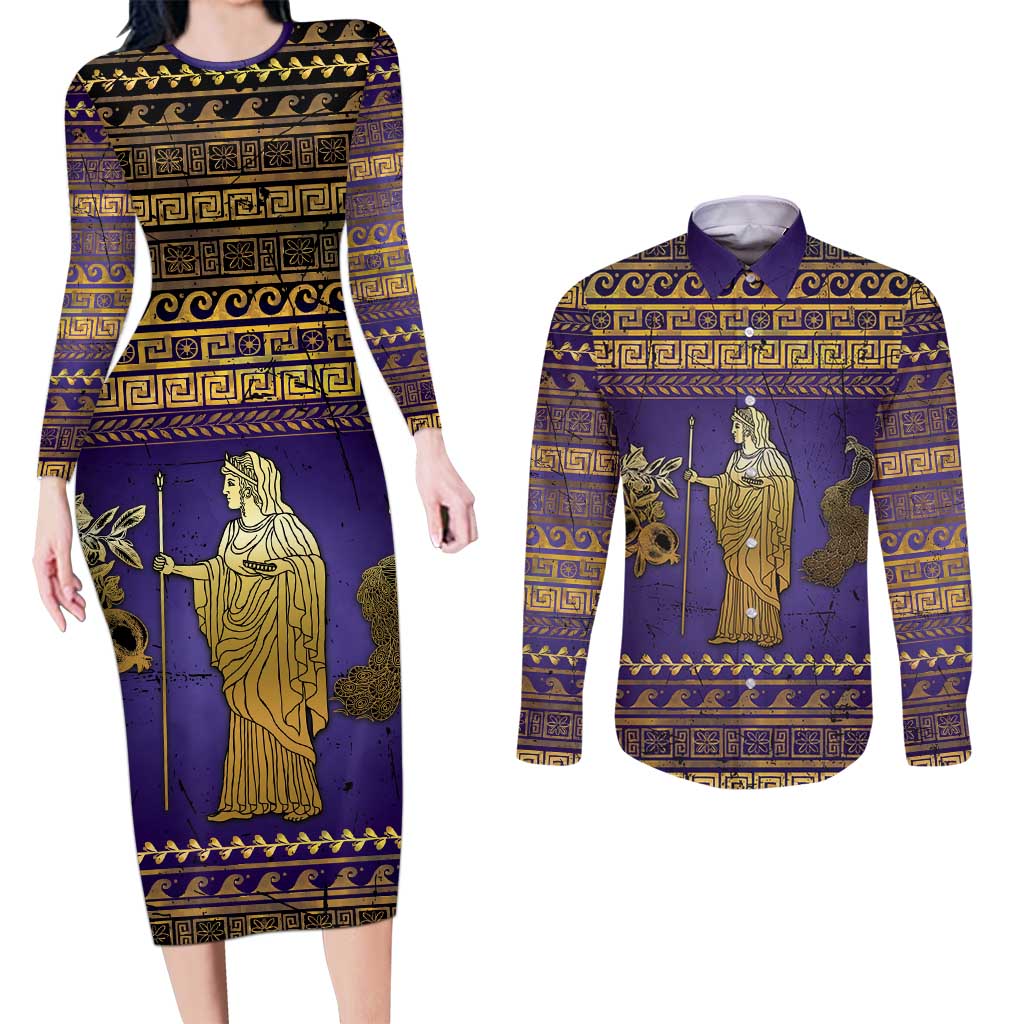 Hera Couples Matching Long Sleeve Bodycon Dress and Long Sleeve Button Shirt Goddess With Ancient Greek Pattern - Wonder Print Shop