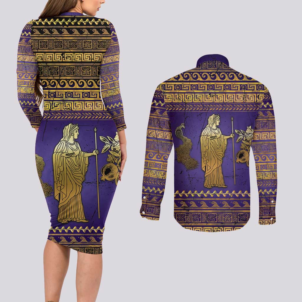 Hera Couples Matching Long Sleeve Bodycon Dress and Long Sleeve Button Shirt Goddess With Ancient Greek Pattern - Wonder Print Shop