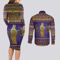 Hera Couples Matching Long Sleeve Bodycon Dress and Long Sleeve Button Shirt Goddess With Ancient Greek Pattern - Wonder Print Shop