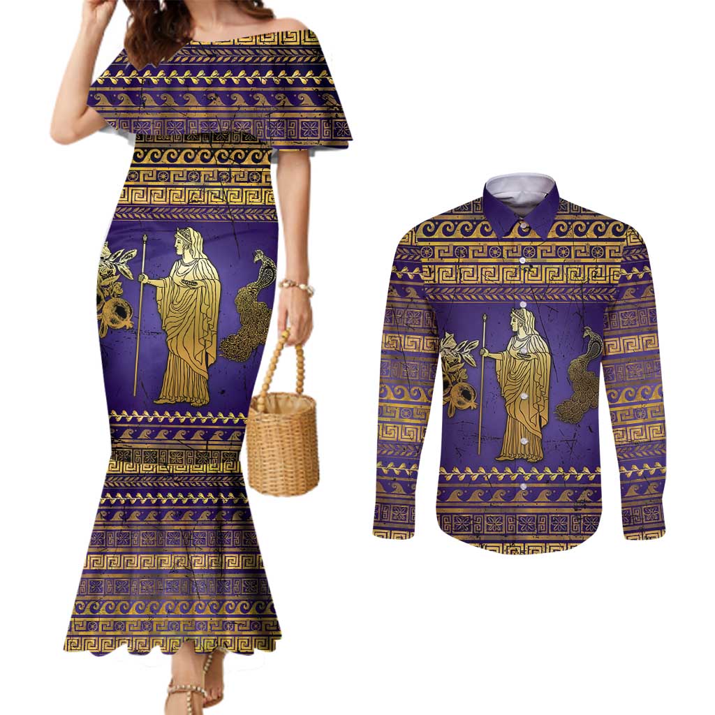 Hera Couples Matching Mermaid Dress and Long Sleeve Button Shirt Goddess With Ancient Greek Pattern - Wonder Print Shop