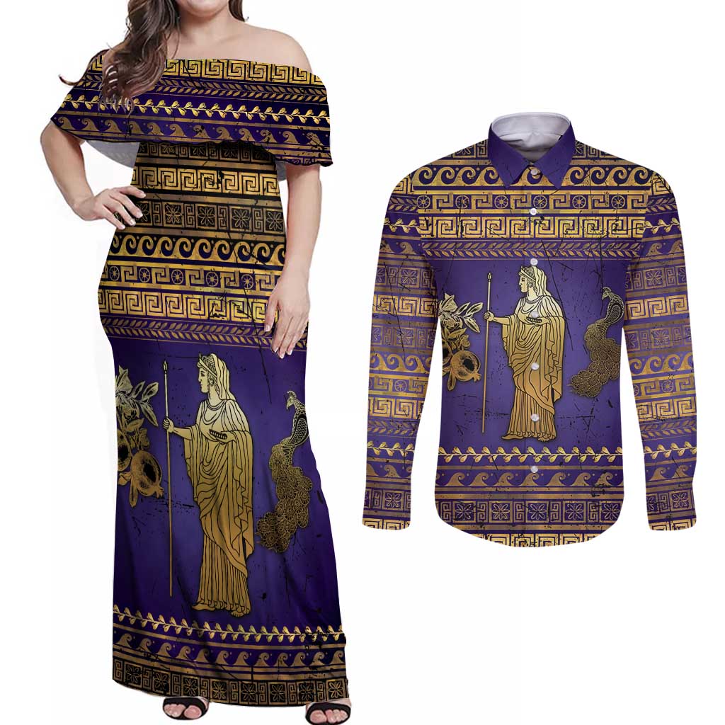Hera Couples Matching Off Shoulder Maxi Dress and Long Sleeve Button Shirt Goddess With Ancient Greek Pattern - Wonder Print Shop