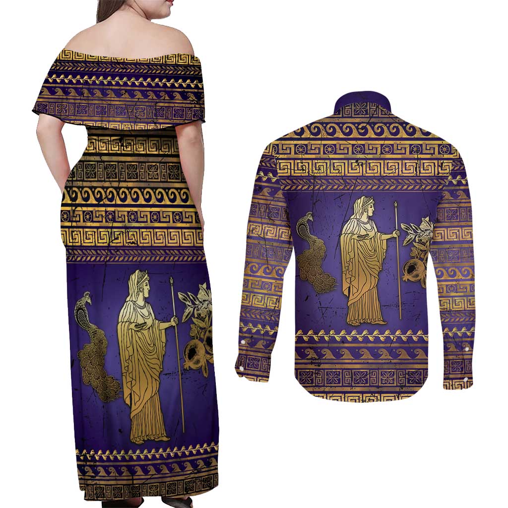 Hera Couples Matching Off Shoulder Maxi Dress and Long Sleeve Button Shirt Goddess With Ancient Greek Pattern - Wonder Print Shop