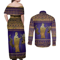 Hera Couples Matching Off Shoulder Maxi Dress and Long Sleeve Button Shirt Goddess With Ancient Greek Pattern - Wonder Print Shop