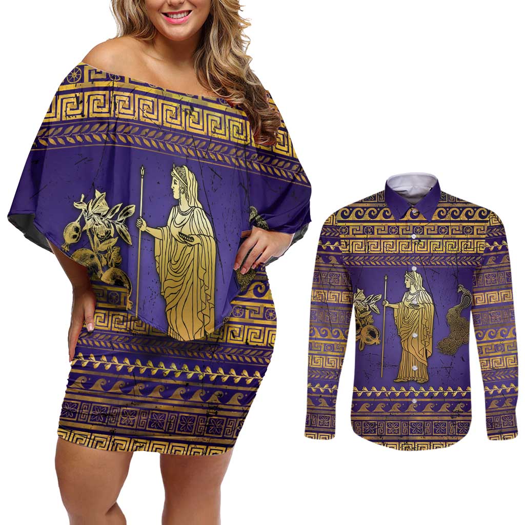 Hera Couples Matching Off Shoulder Short Dress and Long Sleeve Button Shirt Goddess With Ancient Greek Pattern - Wonder Print Shop