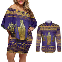 Hera Couples Matching Off Shoulder Short Dress and Long Sleeve Button Shirt Goddess With Ancient Greek Pattern - Wonder Print Shop