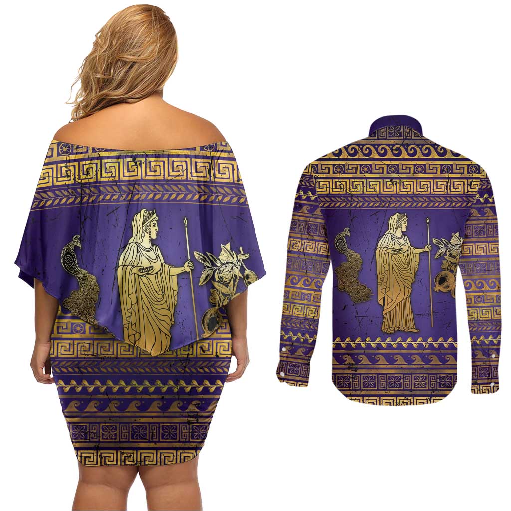 Hera Couples Matching Off Shoulder Short Dress and Long Sleeve Button Shirt Goddess With Ancient Greek Pattern - Wonder Print Shop