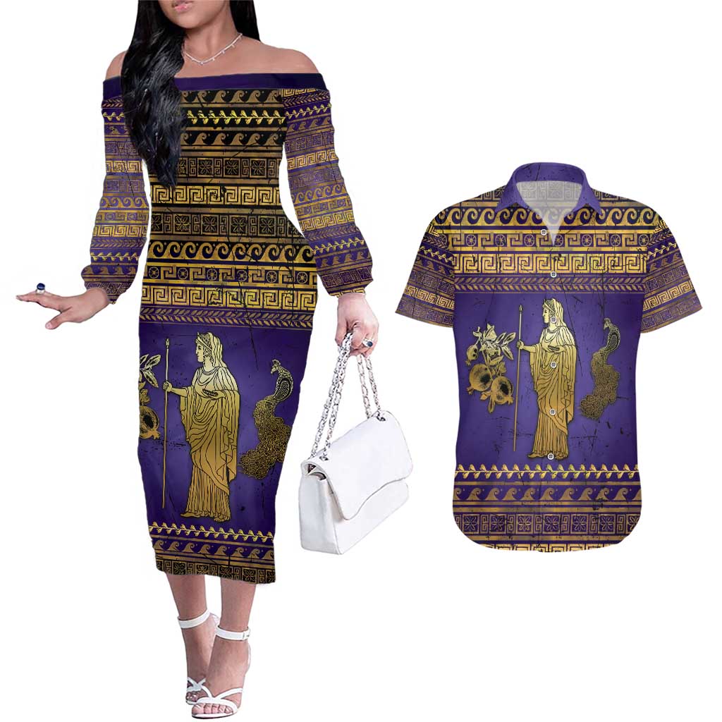 Hera Couples Matching Off The Shoulder Long Sleeve Dress and Hawaiian Shirt Goddess With Ancient Greek Pattern - Wonder Print Shop