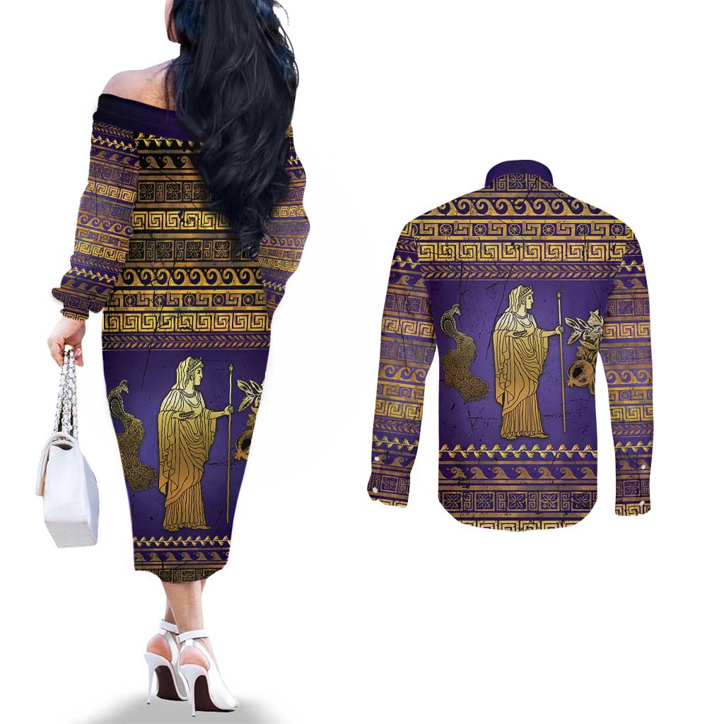 Hera Couples Matching Off The Shoulder Long Sleeve Dress and Long Sleeve Button Shirt Goddess With Ancient Greek Pattern - Wonder Print Shop