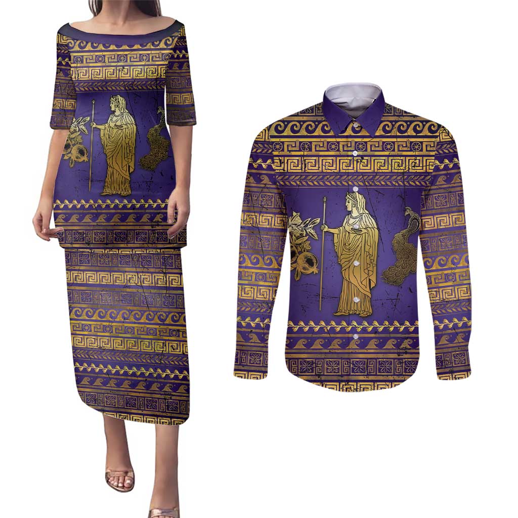 Hera Couples Matching Puletasi and Long Sleeve Button Shirt Goddess With Ancient Greek Pattern - Wonder Print Shop