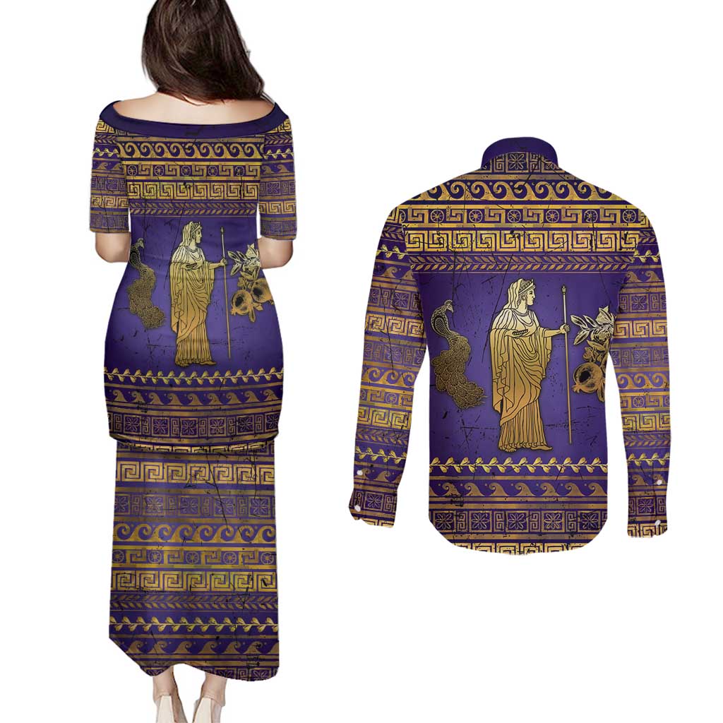 Hera Couples Matching Puletasi and Long Sleeve Button Shirt Goddess With Ancient Greek Pattern - Wonder Print Shop