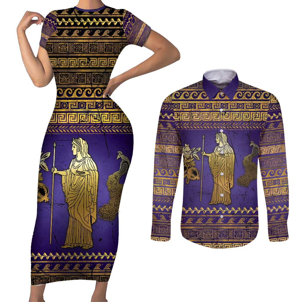 Hera Couples Matching Short Sleeve Bodycon Dress and Long Sleeve Button Shirt Goddess With Ancient Greek Pattern - Wonder Print Shop