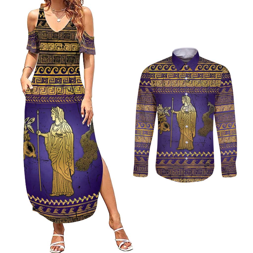Hera Couples Matching Summer Maxi Dress and Long Sleeve Button Shirt Goddess With Ancient Greek Pattern - Wonder Print Shop
