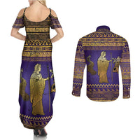 Hera Couples Matching Summer Maxi Dress and Long Sleeve Button Shirt Goddess With Ancient Greek Pattern - Wonder Print Shop