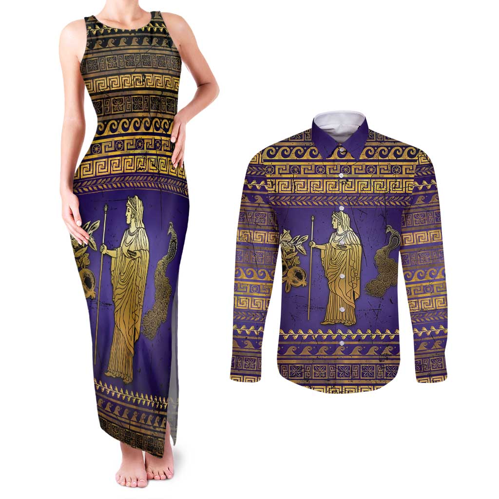 Hera Couples Matching Tank Maxi Dress and Long Sleeve Button Shirt Goddess With Ancient Greek Pattern - Wonder Print Shop