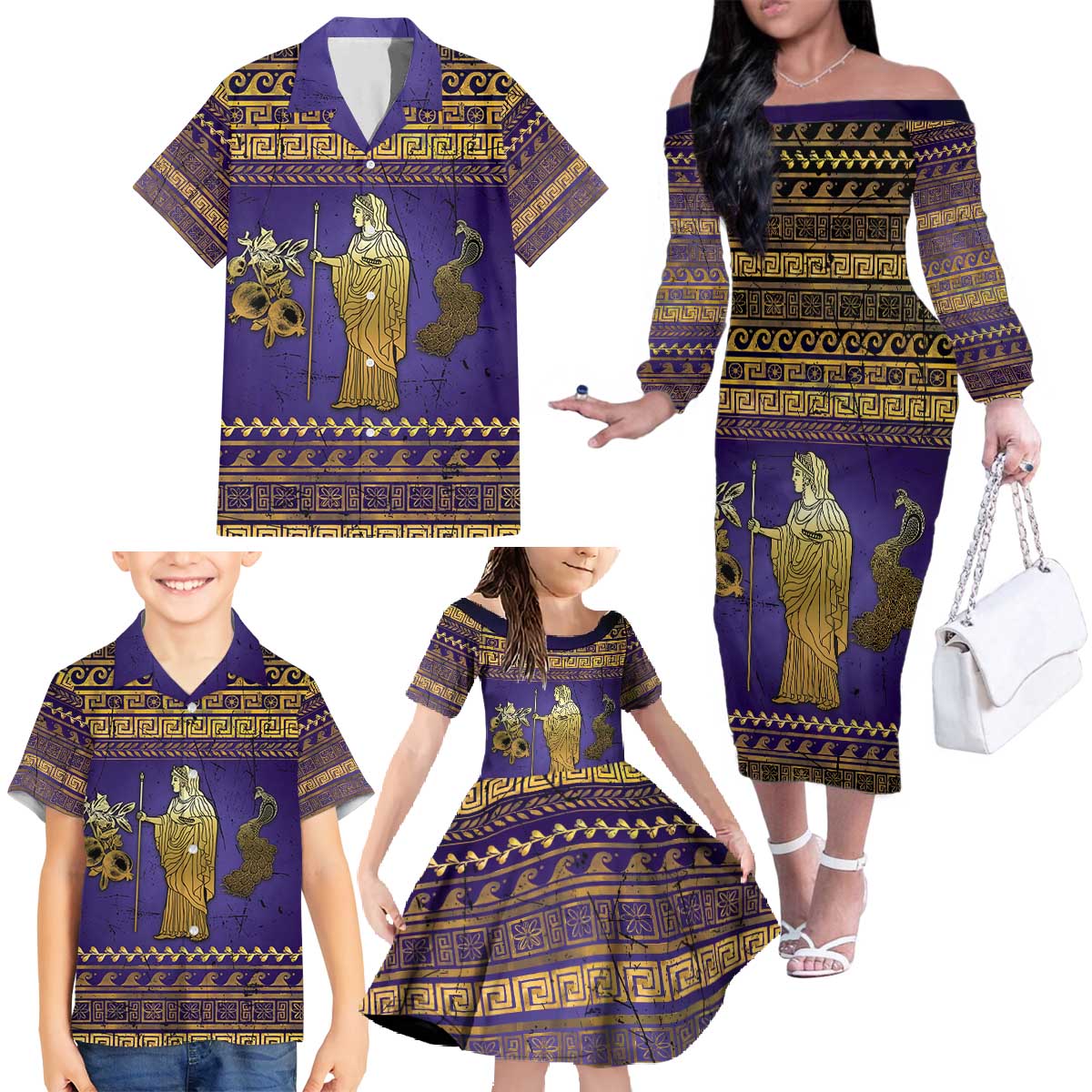 Hera Family Matching Off The Shoulder Long Sleeve Dress and Hawaiian Shirt Goddess With Ancient Greek Pattern - Wonder Print Shop