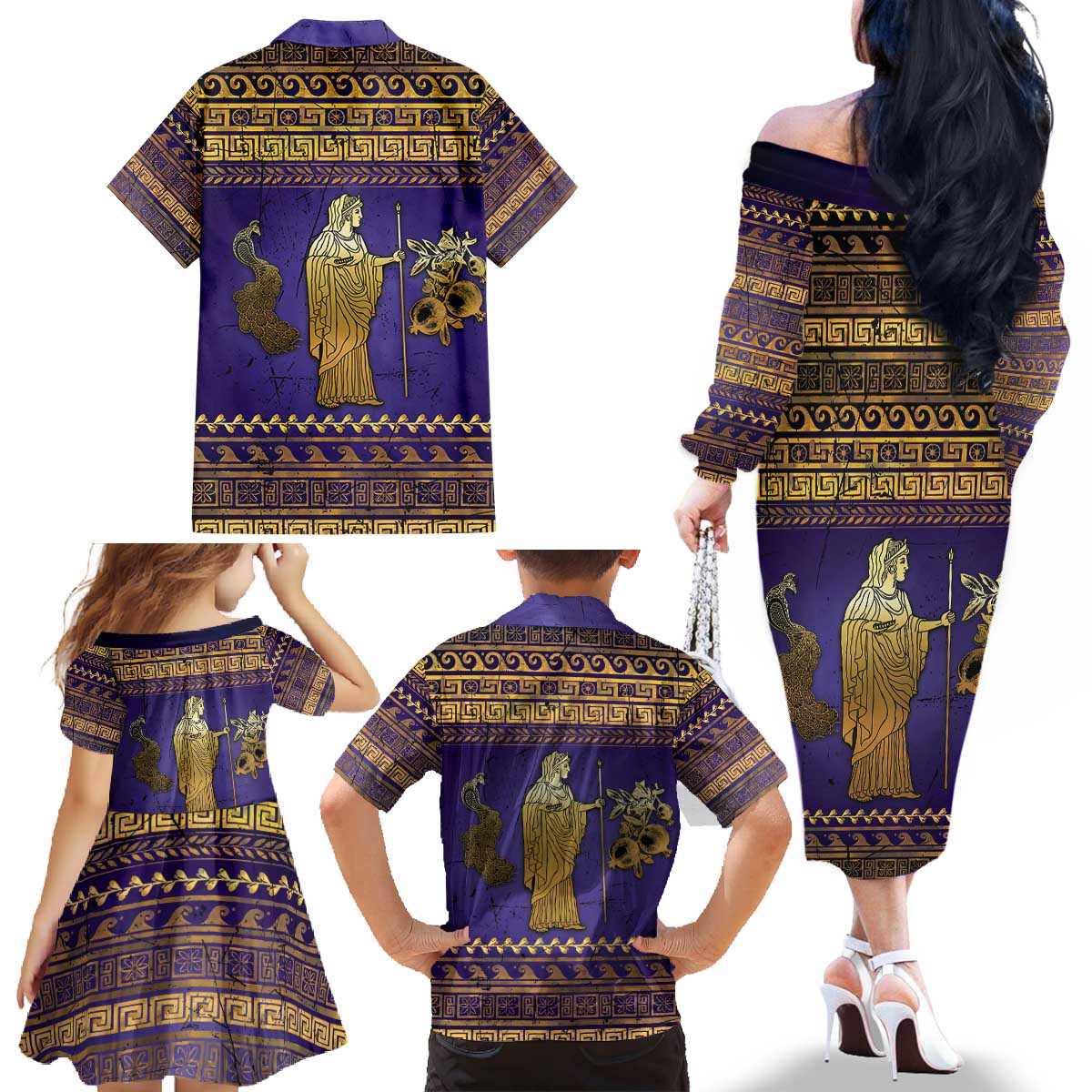 Hera Family Matching Off The Shoulder Long Sleeve Dress and Hawaiian Shirt Goddess With Ancient Greek Pattern - Wonder Print Shop