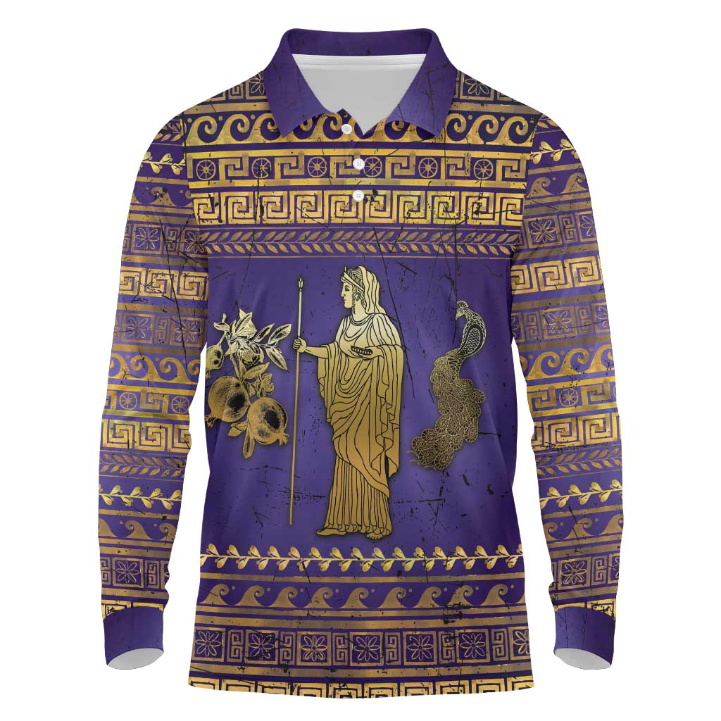 Hera Long Sleeve Polo Shirt Goddess With Ancient Greek Pattern - Wonder Print Shop