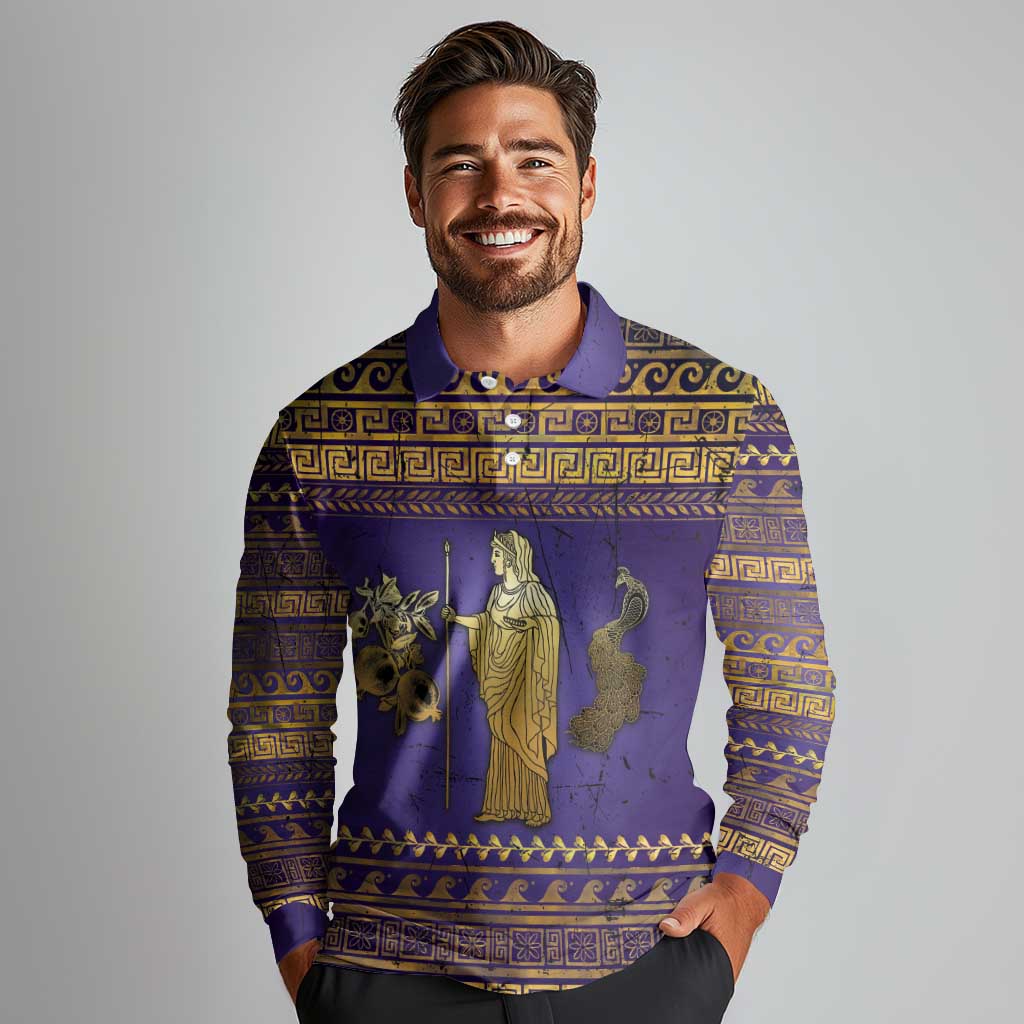 Hera Long Sleeve Polo Shirt Goddess With Ancient Greek Pattern - Wonder Print Shop