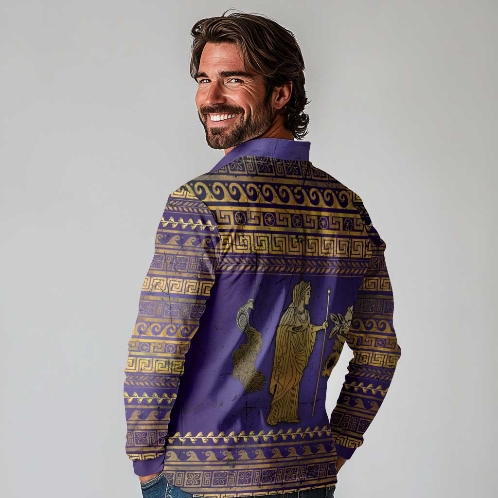 Hera Long Sleeve Polo Shirt Goddess With Ancient Greek Pattern - Wonder Print Shop