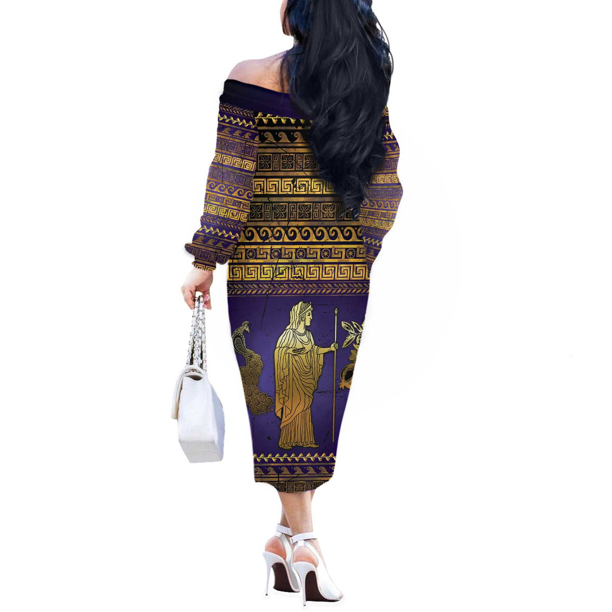Hera Off The Shoulder Long Sleeve Dress Goddess With Ancient Greek Pattern - Wonder Print Shop