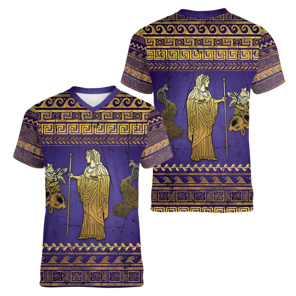 Hera Women V-Neck T-Shirt Goddess With Ancient Greek Pattern - Wonder Print Shop