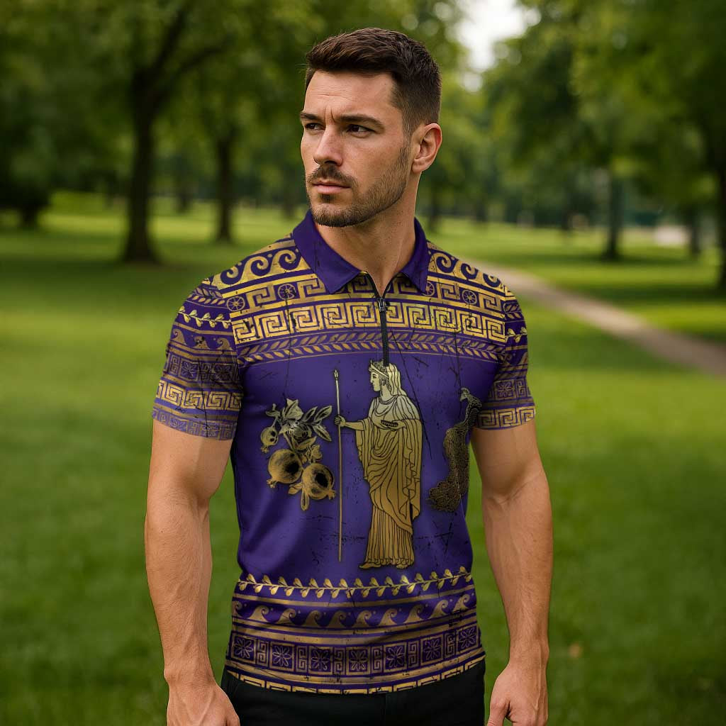 Hera Zipper Polo Shirt Goddess With Ancient Greek Pattern - Wonder Print Shop