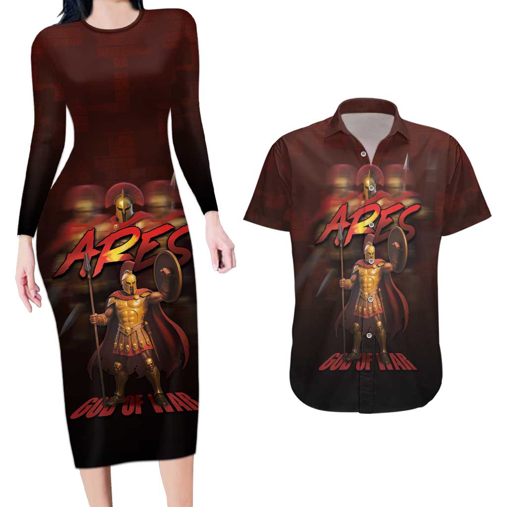 Ancient Greek Ares Couples Matching Long Sleeve Bodycon Dress and Hawaiian Shirt God Of War And Courage - Wonder Print Shop