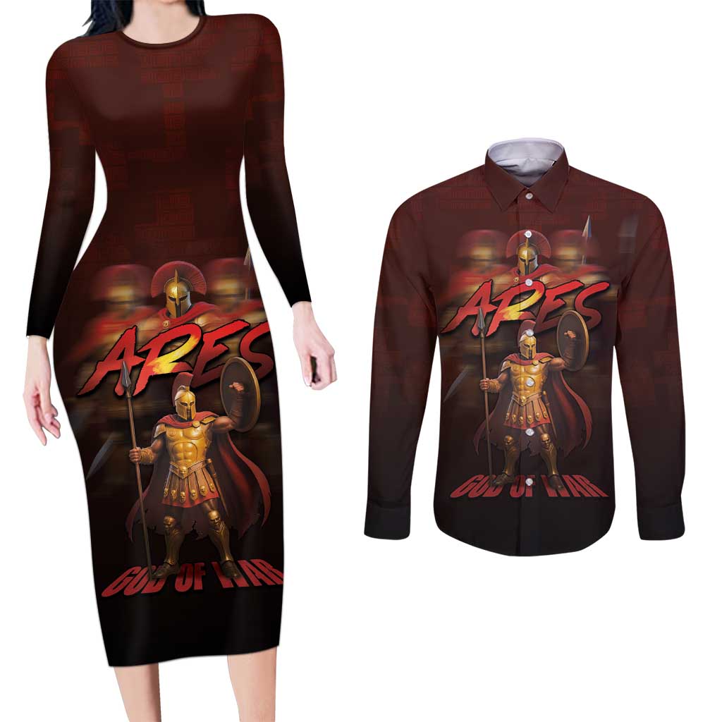 Ancient Greek Ares Couples Matching Long Sleeve Bodycon Dress and Long Sleeve Button Shirt God Of War And Courage - Wonder Print Shop