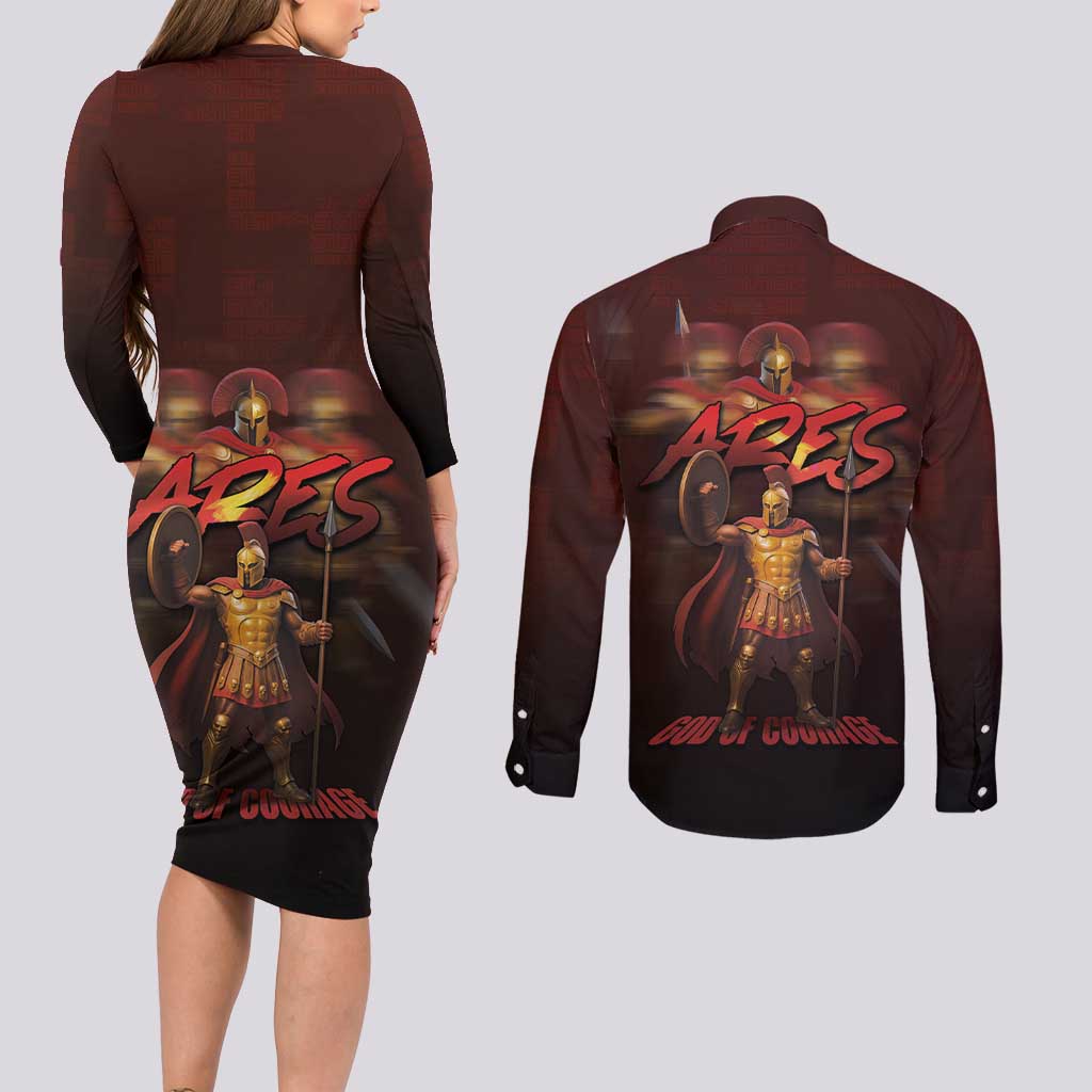 Ancient Greek Ares Couples Matching Long Sleeve Bodycon Dress and Long Sleeve Button Shirt God Of War And Courage - Wonder Print Shop