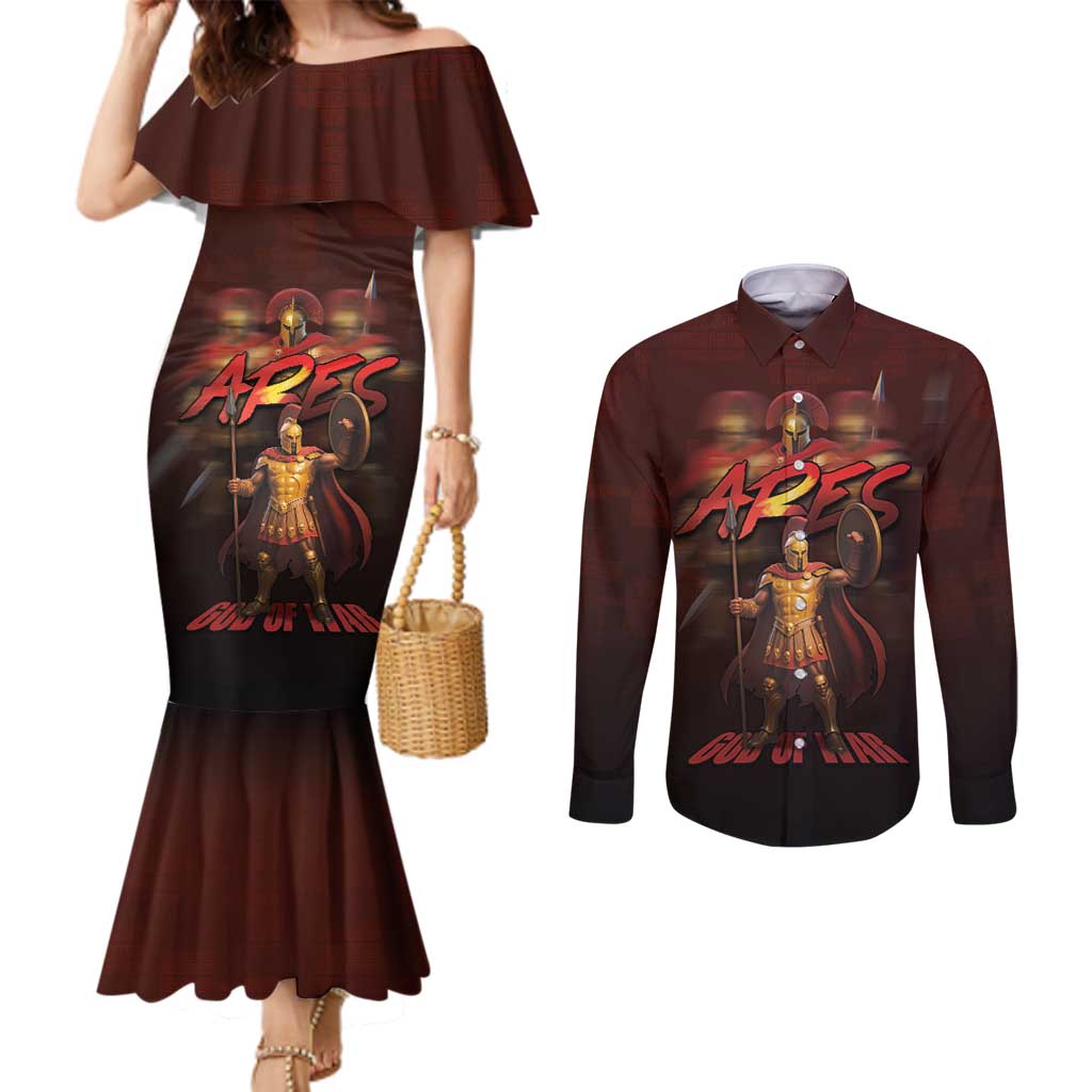 Ancient Greek Ares Couples Matching Mermaid Dress and Long Sleeve Button Shirt God Of War And Courage - Wonder Print Shop