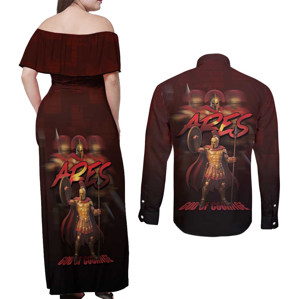 Ancient Greek Ares Couples Matching Off Shoulder Maxi Dress and Long Sleeve Button Shirt God Of War And Courage - Wonder Print Shop