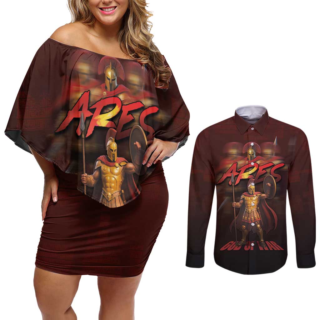 Ancient Greek Ares Couples Matching Off Shoulder Short Dress and Long Sleeve Button Shirt God Of War And Courage - Wonder Print Shop