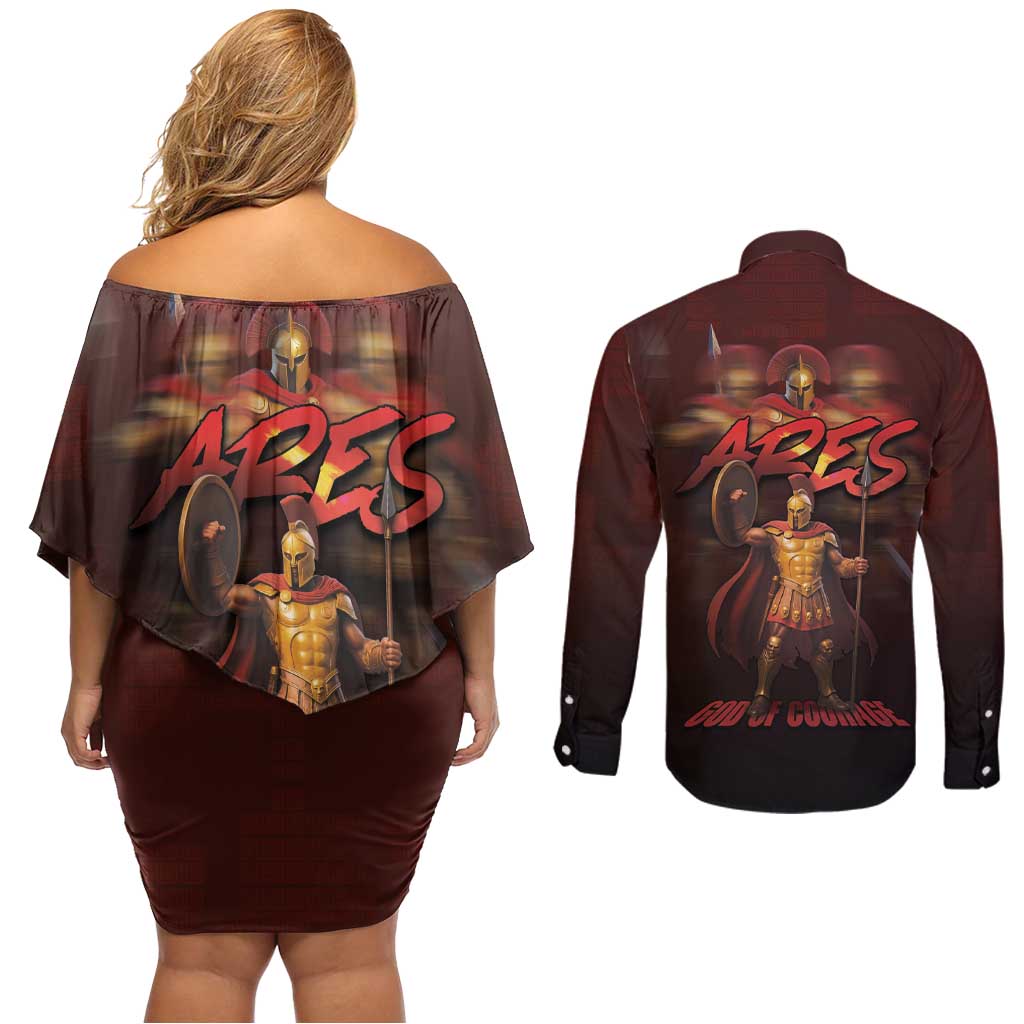 Ancient Greek Ares Couples Matching Off Shoulder Short Dress and Long Sleeve Button Shirt God Of War And Courage - Wonder Print Shop