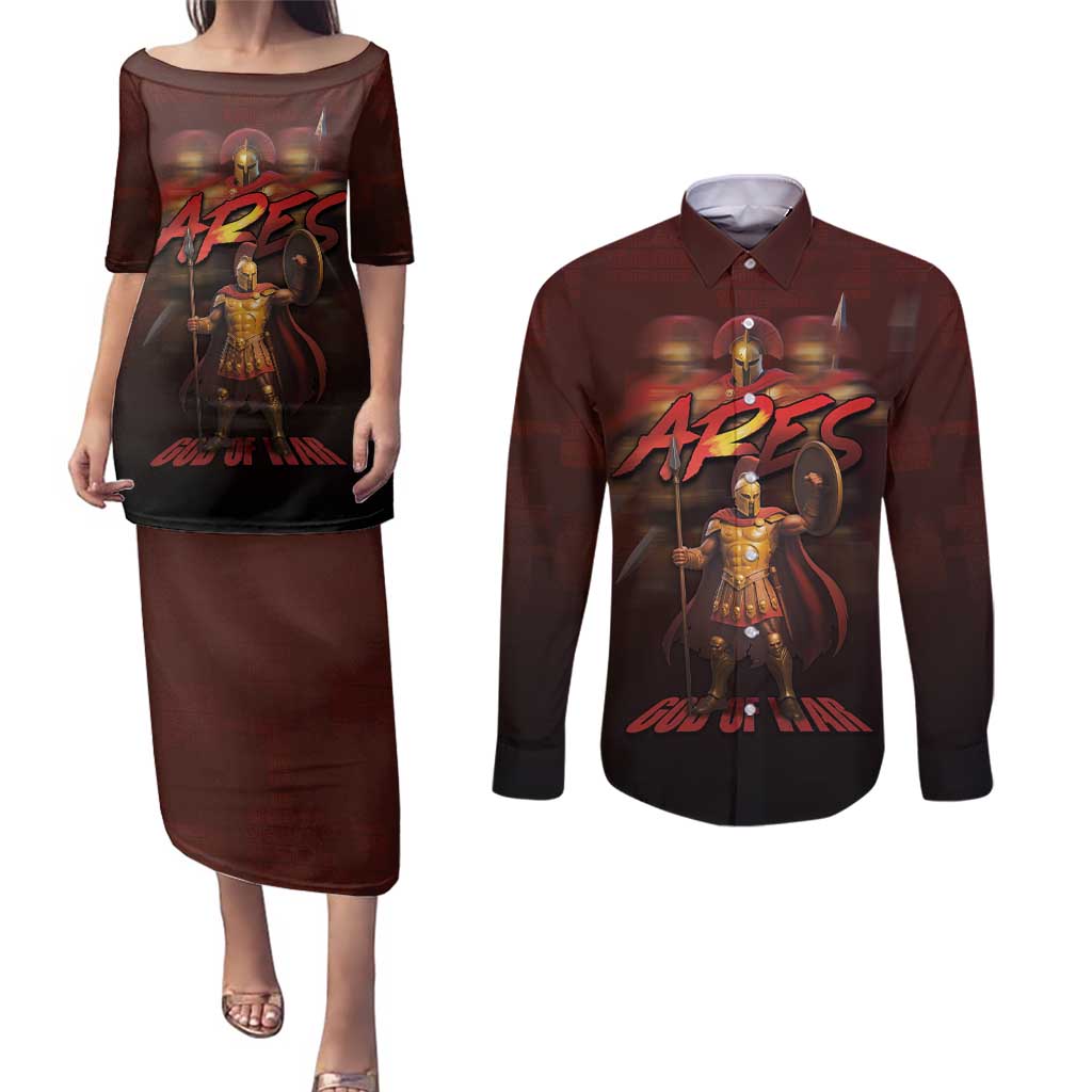 Ancient Greek Ares Couples Matching Puletasi and Long Sleeve Button Shirt God Of War And Courage - Wonder Print Shop